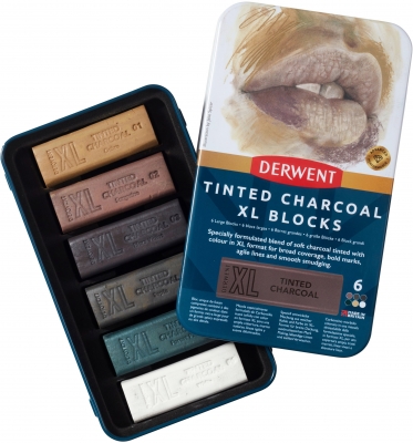 Carbune XL Derwent Proffesional, cutie metalica, solubil in apa, 6 culori/set, nuante pamantii